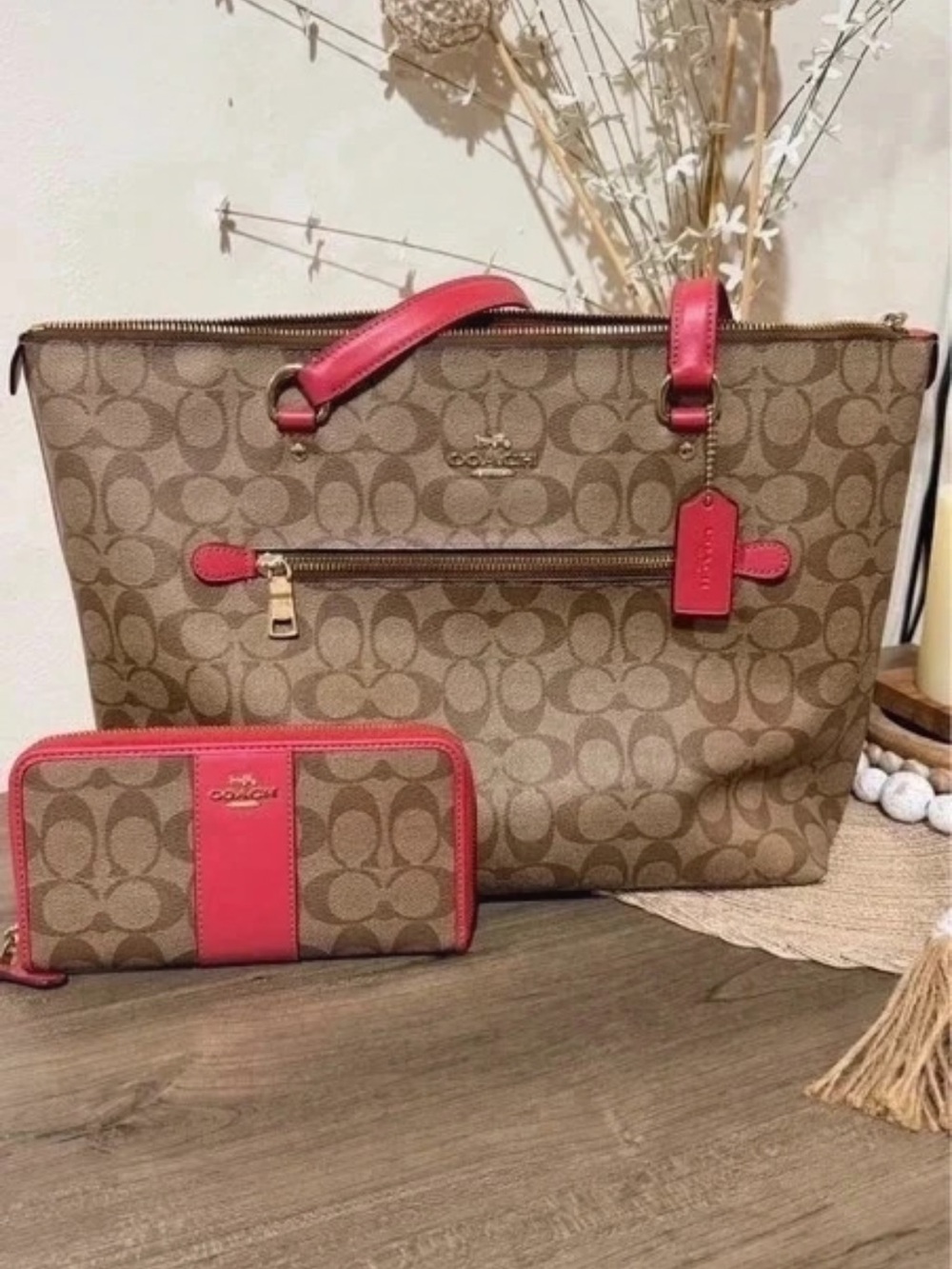 Coach Brown Signature Tote with Pink Leather Trim and Matching Wallet